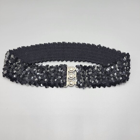 Accessories - Vintage Black Sequin Elastic Stretch Belt Metal Clasp Closure Clubwear